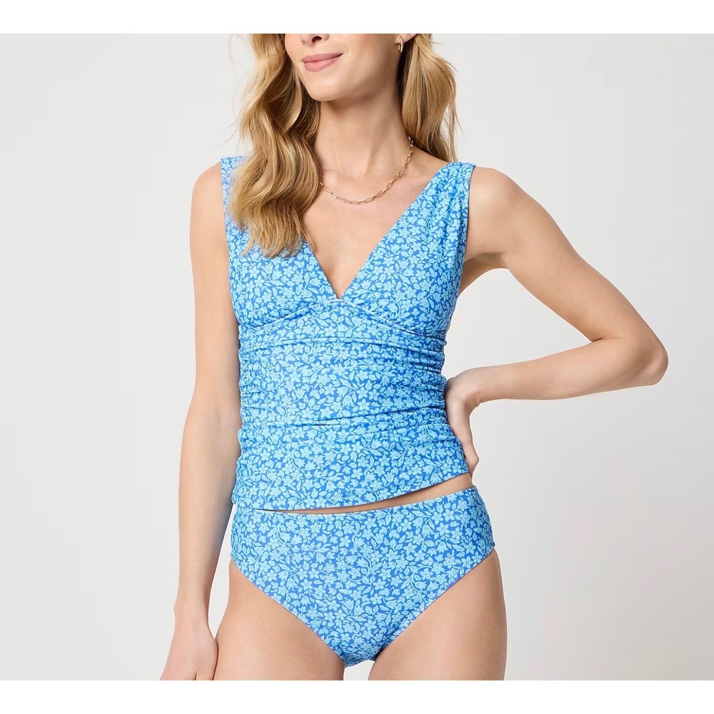 J.Crew Blue Floral Ruched V-Neck Tankini Set High Waisted Swimsuit Medium NWT